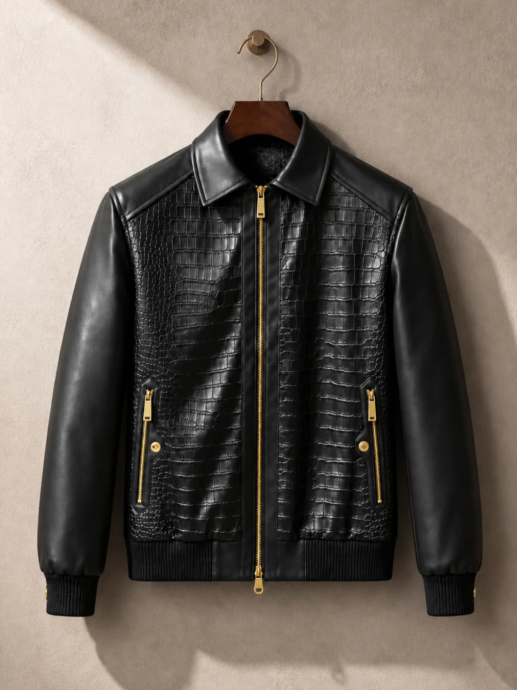 Crocodile-Embossed Leather Bomber Jacket