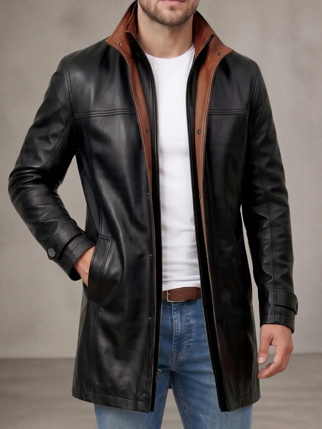 Wide Lapel Lambskin 34 Length Leather Jacket