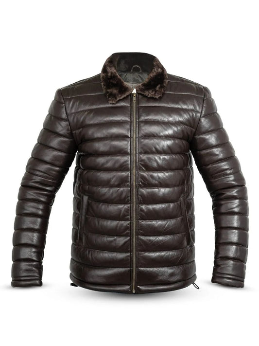 Leather Puffer Jacket with Fur Collar