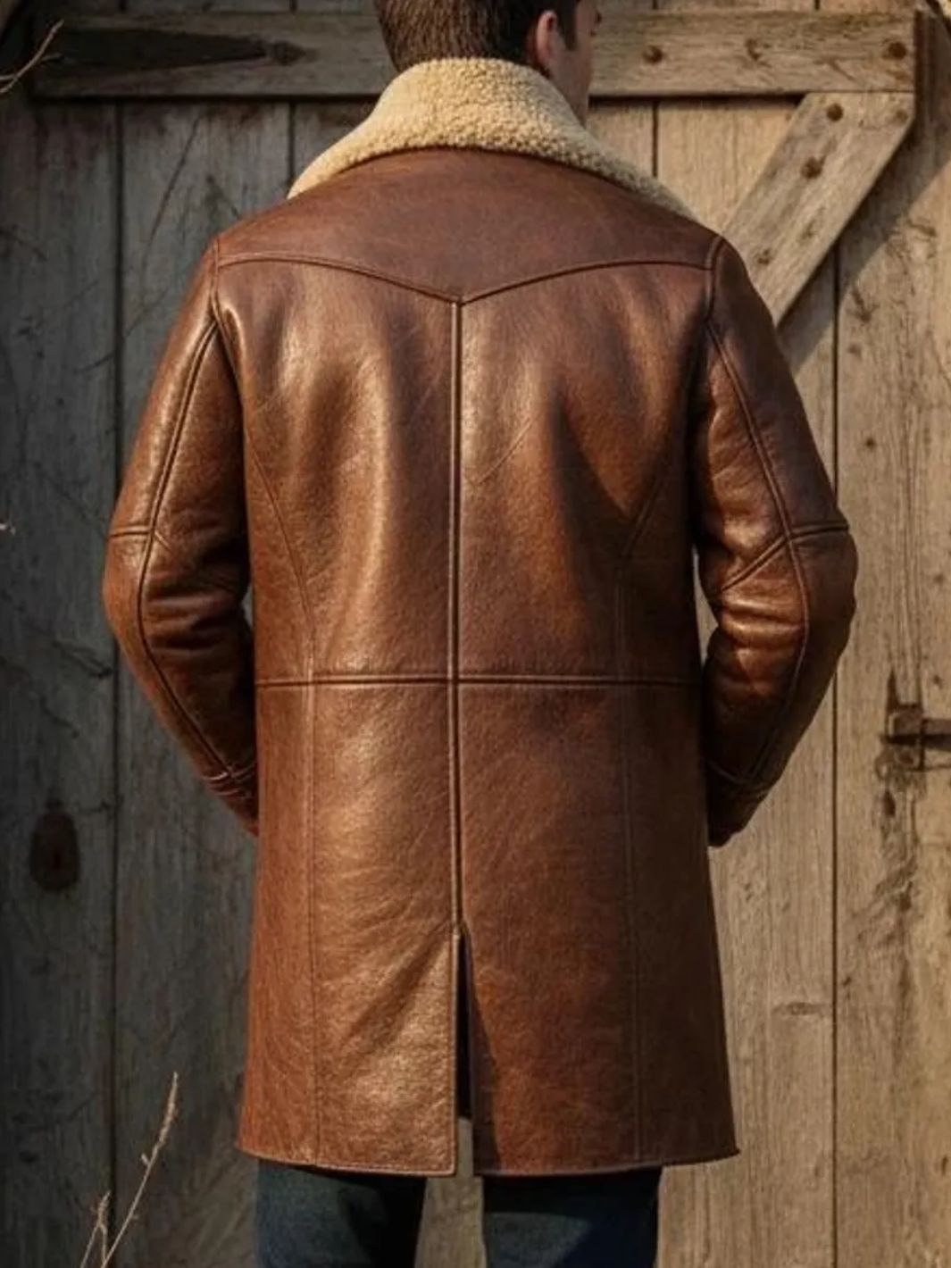 Distressed Brown Leather Shearling Coat