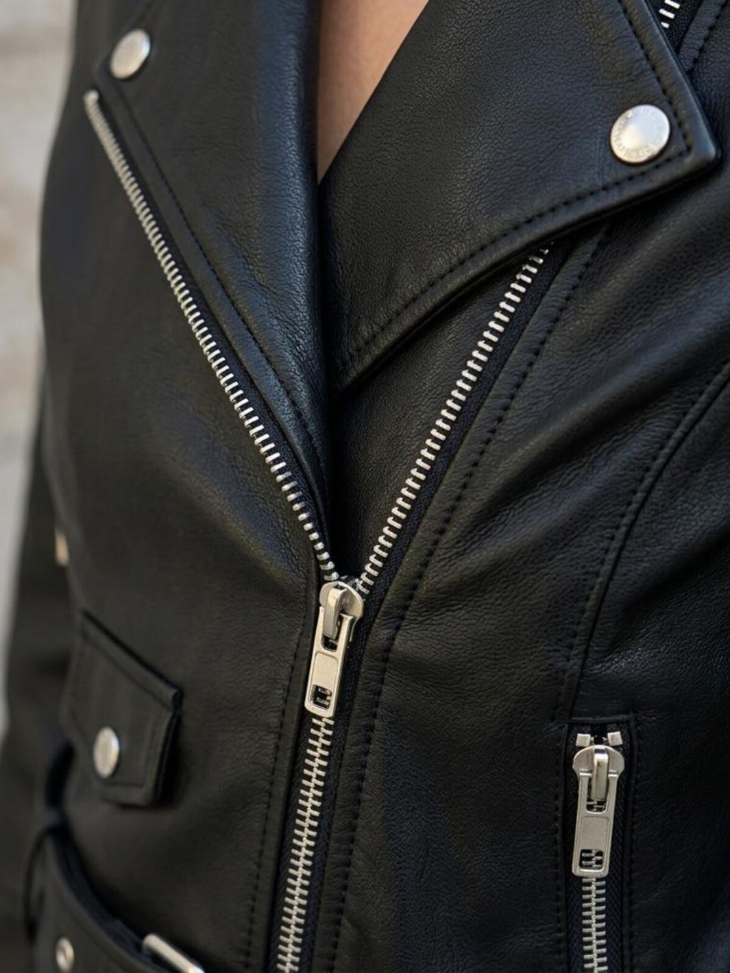 Asymmetrical Biker Style Leather Jacket with Belt
