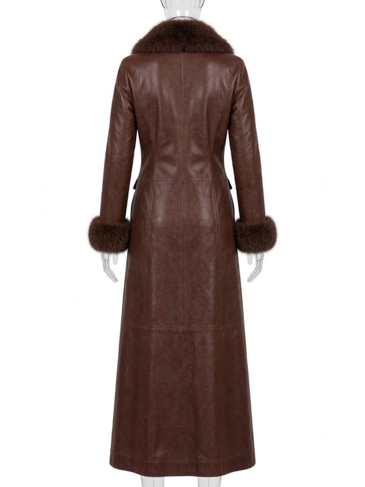 Leather Long Coat With Shearling Fur Collar and cuffs