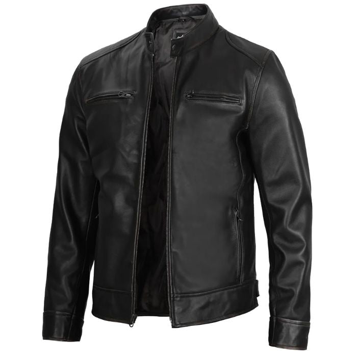 Herren Lederjacke im Cafe-Racer-Stil, Schwarz