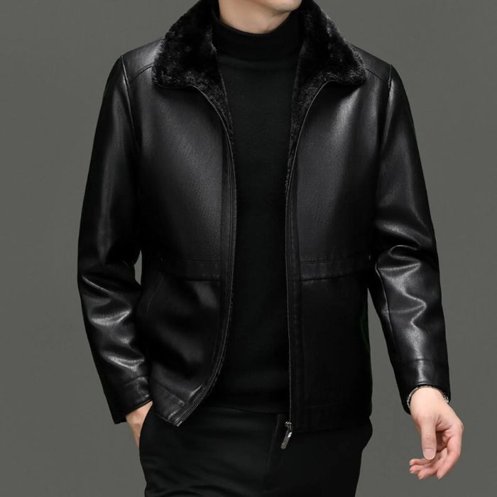 Herren Lederjacke mit Schaffellfutter in Schwarz