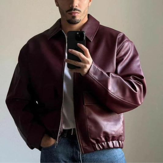 Herren Leder Bomberjacke | Oversized Jacke im Vintage-Stil mit Reißverschluss
