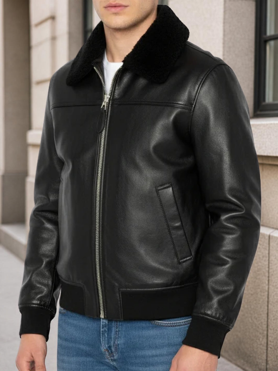 Leather Bomber Jacket with fur Collar