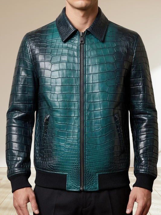 Black Teal Crocodile Embossed Leather Bomber Jacket