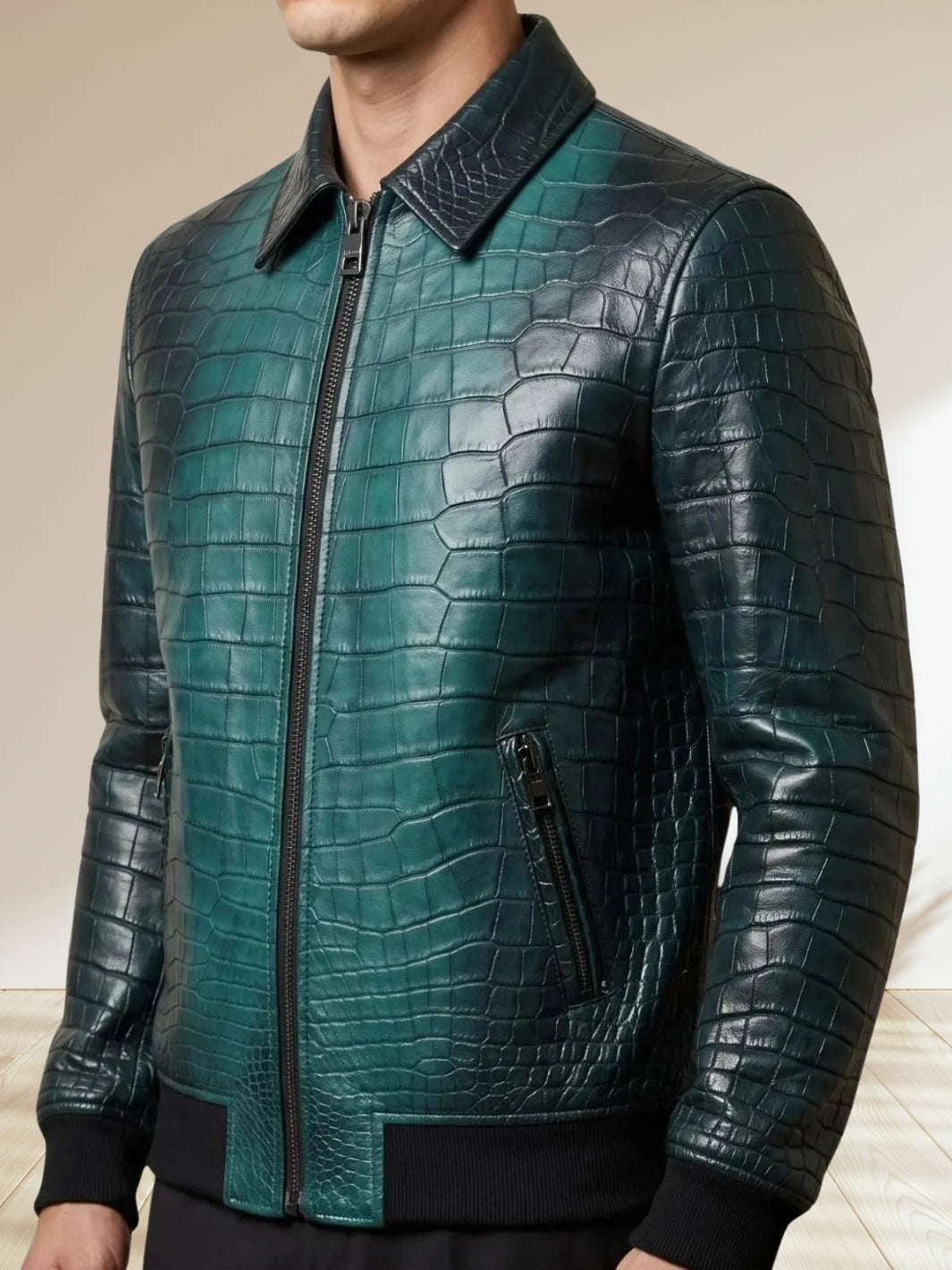 Black Teal Crocodile Embossed Leather Bomber Jacket