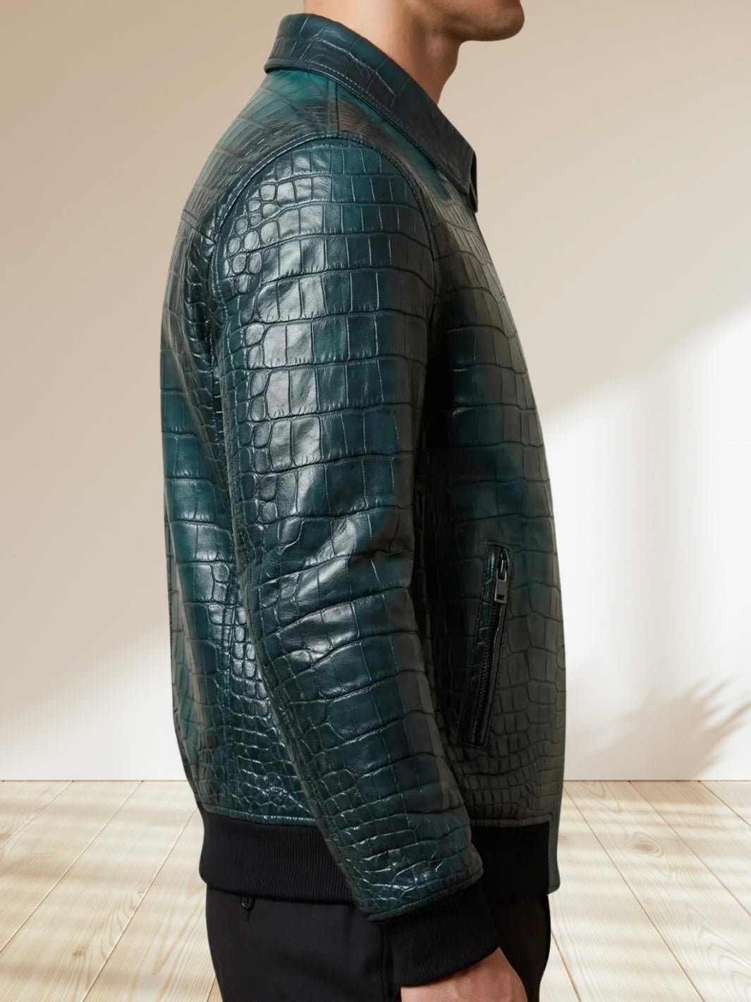Black Teal Crocodile Embossed Leather Bomber Jacket