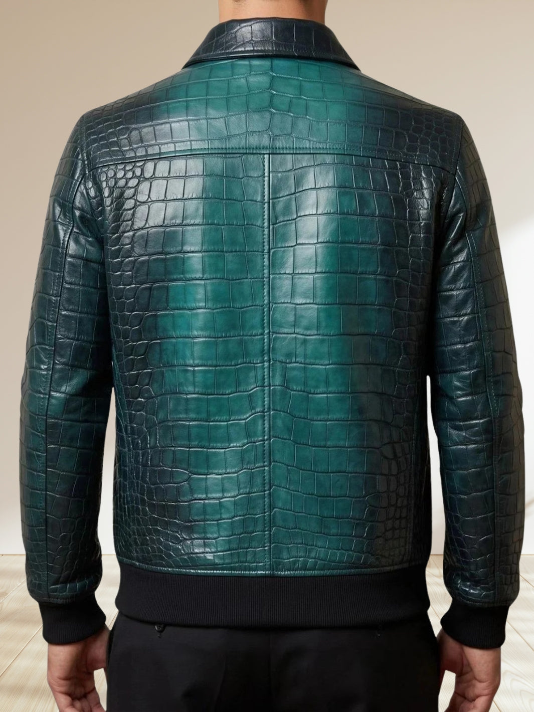 Black Teal Crocodile Embossed Leather Bomber Jacket