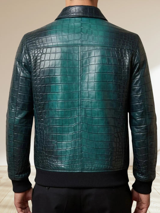 Black Teal Crocodile Embossed Leather Bomber Jacket