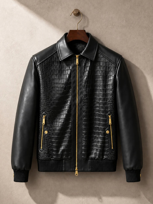 Crocodile-Embossed Leather Bomber Jacket