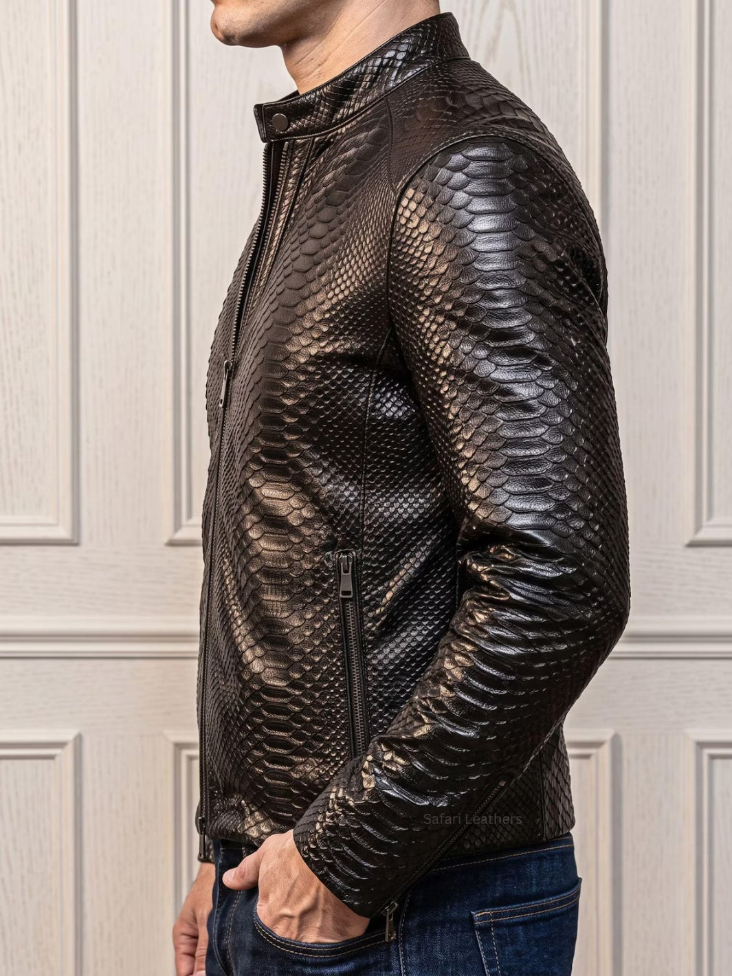 Python-Embossed Stand Collar Jacket