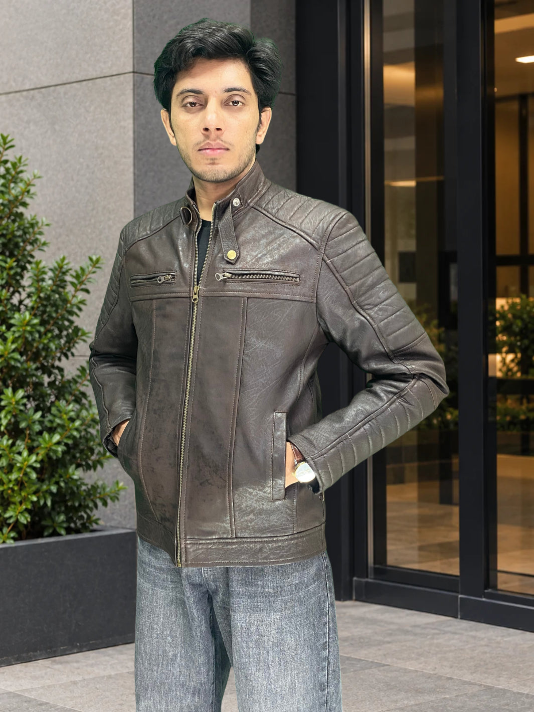 Padded Lambskin Biker Jacket (Unique Coal Effect Vintage leather)