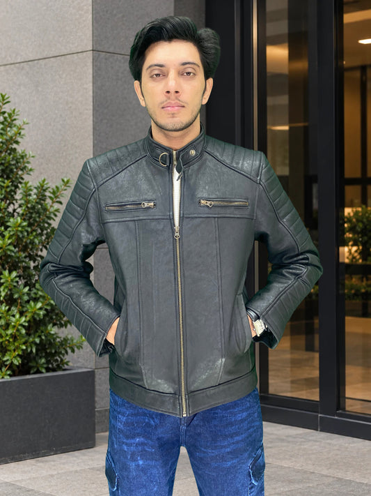 Padded Lambskin Biker Jacket (Unique Coal Effect Vintage leather)