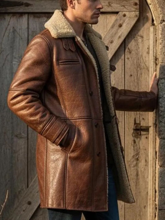 Distressed Brown Leather Shearling Coat