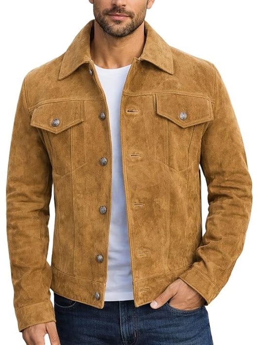 Herren Schwarze Used-Look Echtleder Trucker-Jacke