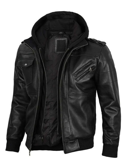 Bomber Leather Jacket with Removable Hood