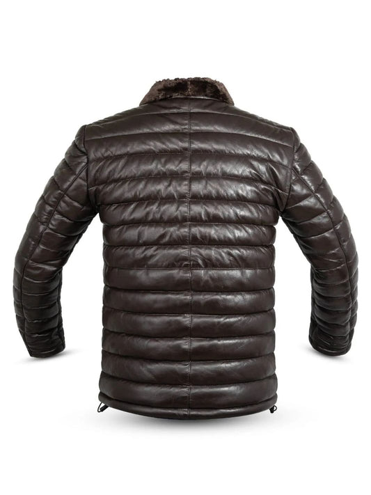 Leather Puffer Jacket with Fur Collar