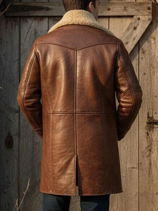 Distressed Brown Leather Shearling Coat