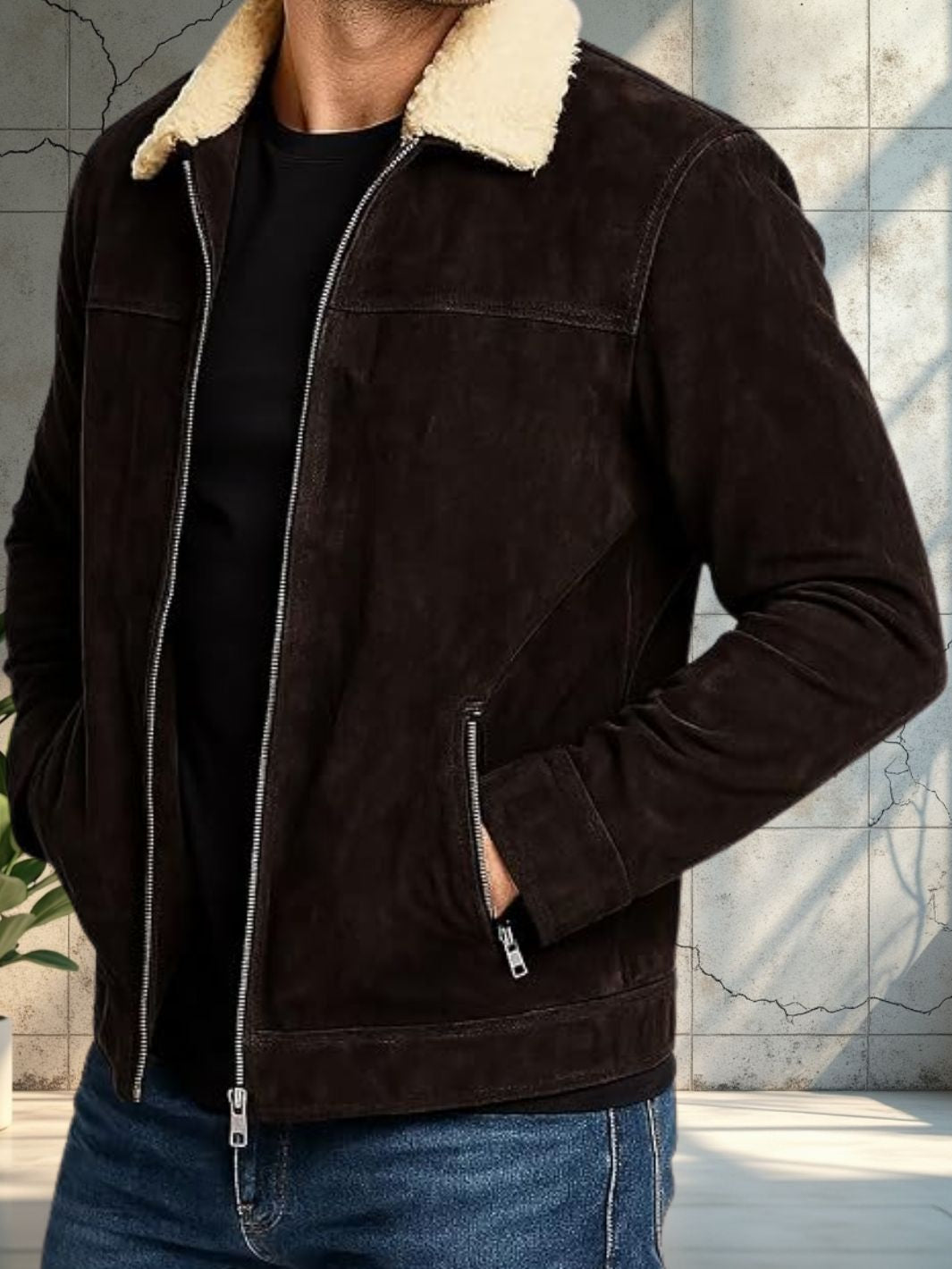 Shearling Collar Classic Suede Leather Jacket