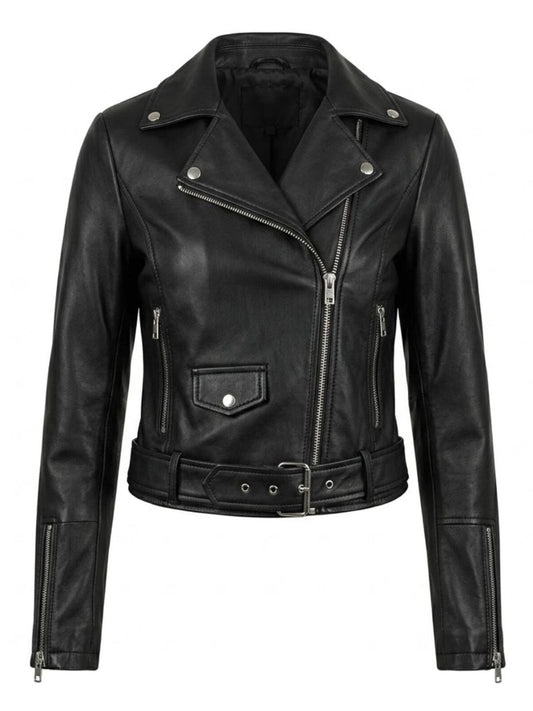 Asymmetrische Bikerlederjacke mit Gürtel