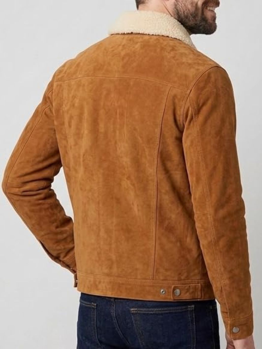 Suede Leather Trucker Jacket with Fur Collar