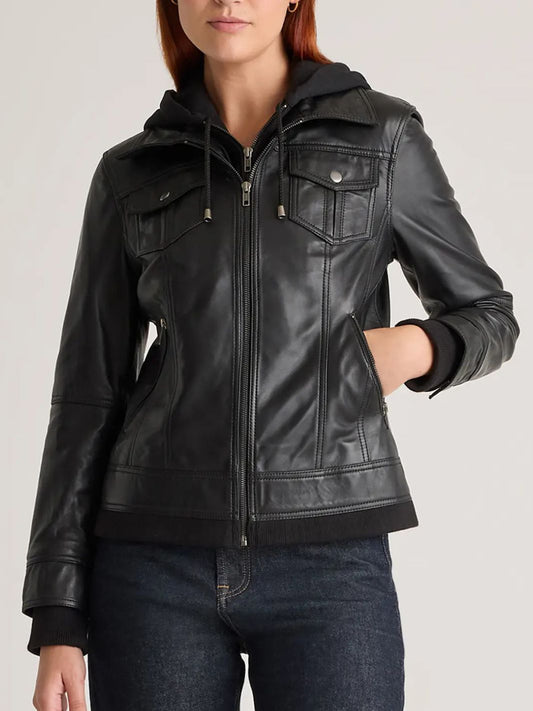 Women's Black Bomber Jacket with Removable Hood