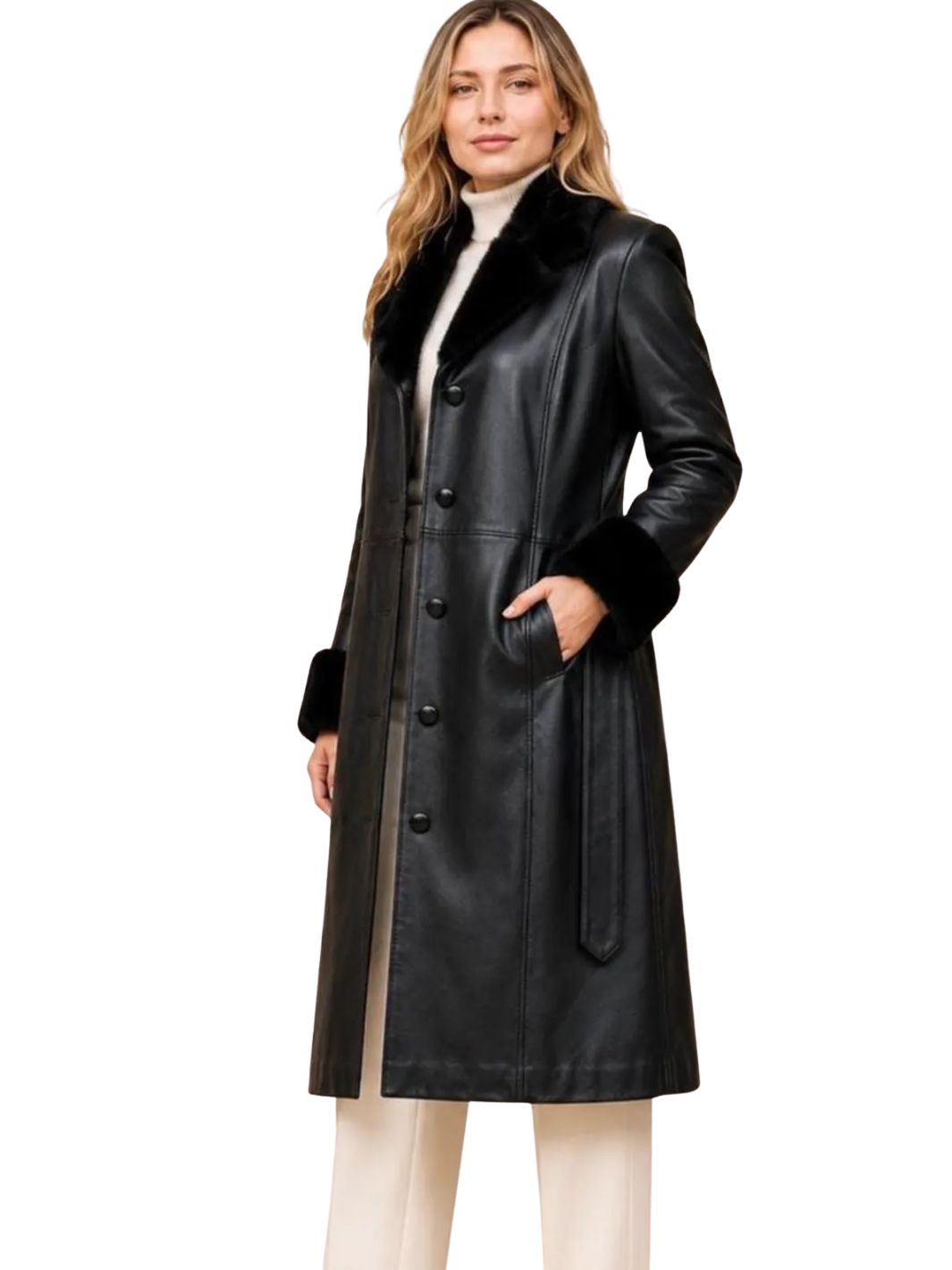 Trench Coat with Artificial Shearling Collar & Cuffs
