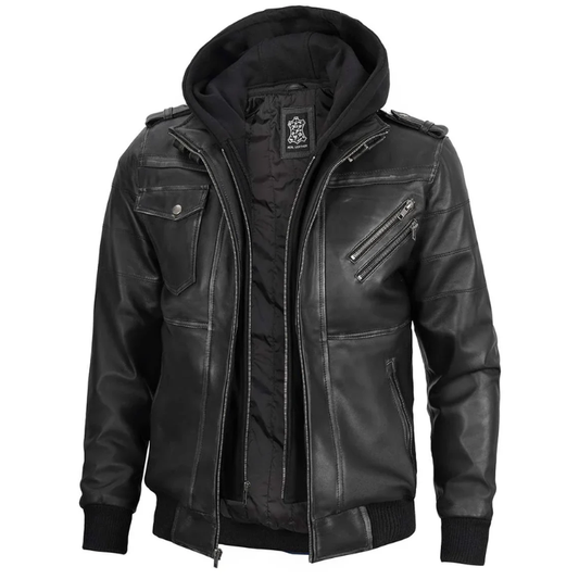 Herren Bomber Lederjacke mit abnehmbarer Kapuze