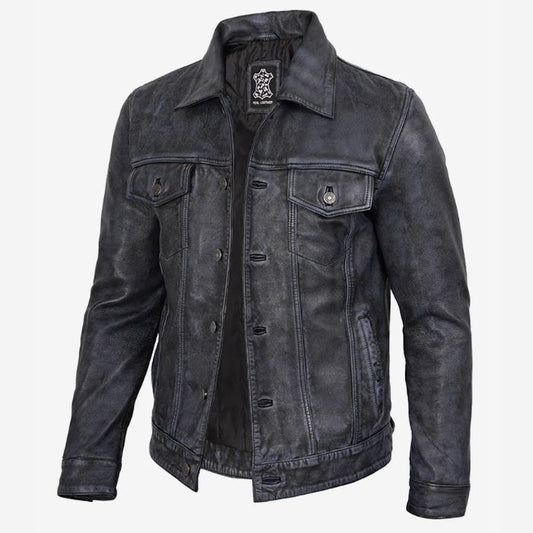 Herren Schwarze Used-Look Echtleder Trucker-Jacke