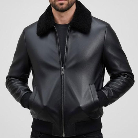 Herren Leder Bomberjacke mit Schaffell Shearling Kragen Gerippte Bündchen und Saum