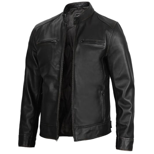 Herren Lederjacke im Cafe-Racer-Stil, Schwarz